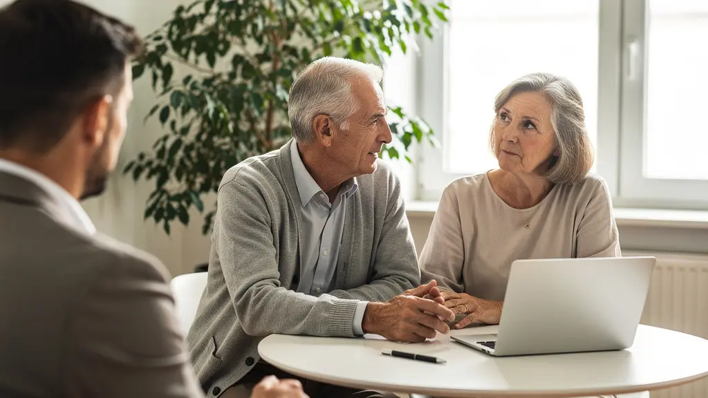 Couple senior européen discutant avec un conseiller en assurance