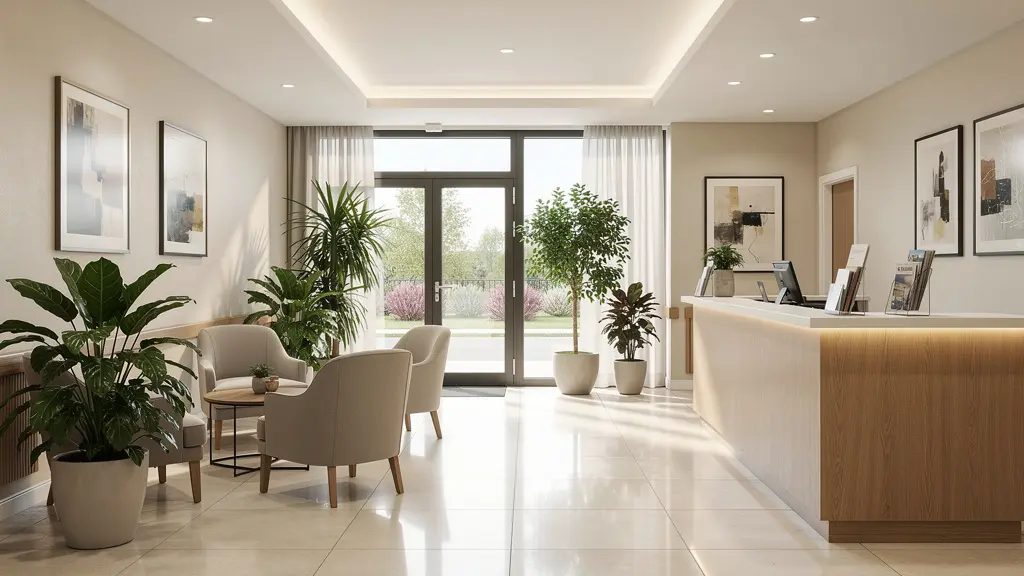 Hall d'entrée moderne d'une résidence senior avec comptoir de réception
