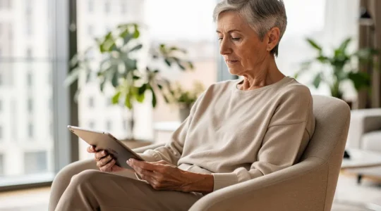 Senior consultant ses documents d'assurance habitation dans un salon lumineux de résidence